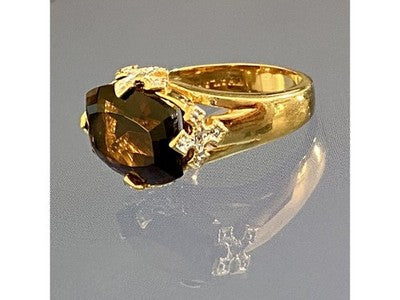 925 Sterling Silver Gold Plated Hessonite & Diamonds Ring Size 5.5