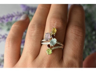 925 Sterling Silver Multi Gemstones Ring Size 8
