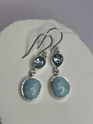 925 Sterling Silver Larimar & Topaz Earrings Length 1.7 Inch