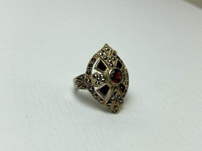 925 Sterling Silver Spessartine, Black Nephrite & Marcasites Ring Size 6.5