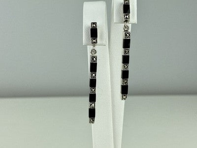 925 Sterling Silver Black Nephrite & Marcasites Earrings