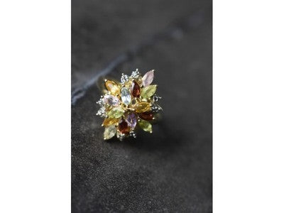 925 Sterling Silver Gold Plated Multi Gemstones Ring Size 6.5