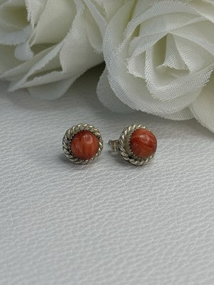 925 Sterling Silver Coral Earrings Length 0.30 Inch