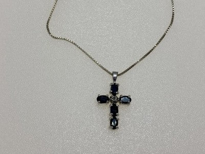 925 Sterling Silver Blue Spinel & Diamond Chain with Cross Italy