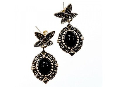 Vintage 925 Sterling Silver Onyx & Marcasites Earrings