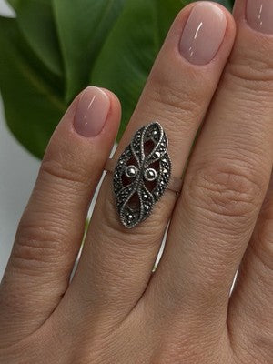 Vintage Filigree 925 Sterling Silver Marcasite Ring Size 6
