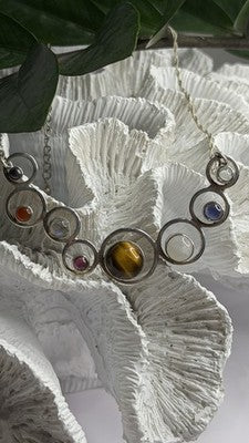 Solar System Gemstones 925 Sterling Silver Tigers Eye Moonstone etc. Necklace