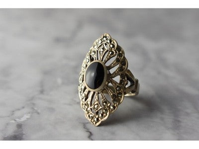 925 Sterling Silver Black Tourmaline & Marcasites Ring Size 6