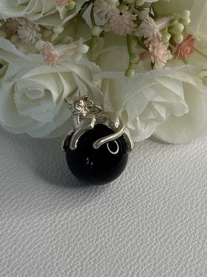 925 Sterling Silver Onyx Cat Pendant Length 1.20 Inch