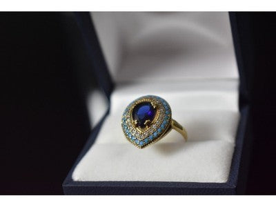 925 Sterling Silver Gold Plated Blue Alpanite, Turquoise & CZ Ring Size 8