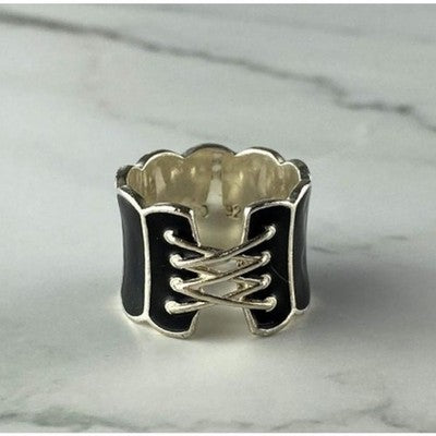 925 Sterling Silver Black Enamel "Corset" Ring Size 7