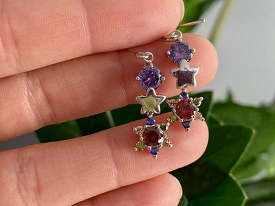 Dangle Earrings with Multicolor CZ  "Flowers & Stars"