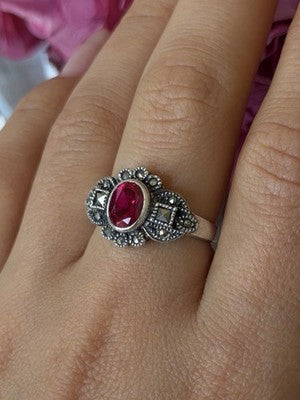 925 Sterling Silver Ruby & Marcasite Ring Size 8