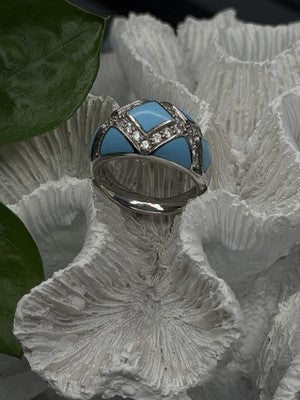 925 Sterling Silver Blue Turquoise & White Colorless Beryl Ring Size 9