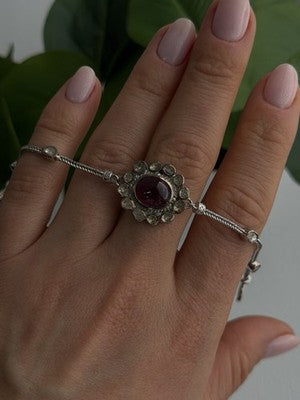Antique Djoy 925 Sterling Silver Ruby & Beryl Flower Heart Bracelet 7