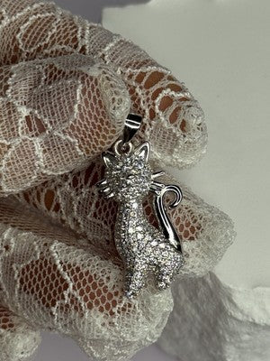 925 Sterling Silver Cat CZ Pendant Length 1.3 Inch