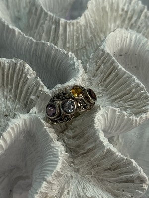 925 Sterling Silver Garnet, Citrine, Topaz, Amethyst & Marcasite Ring Size 5.5