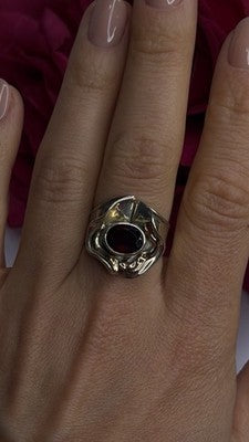 Vintage 925 Sterling Silver & 14K Yellow Gold Part Garnet Ring Size 8