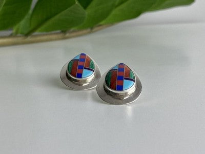 Vintage 925 Sterling Silver Agate Mosaic Stud Earrings