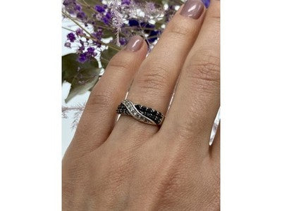 925 Sterling Silver Black & White Tourmaline "Yin Yang" Ring Size 6.5