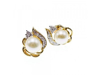 14K Yellow Gold Pearl & Diamonds Earrings