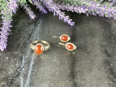 Vintage 925 Sterling Silver Dark Orange Jadeite Set