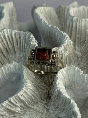 925 Sterling Silver Amber & Marcasite Ring Size 6.5