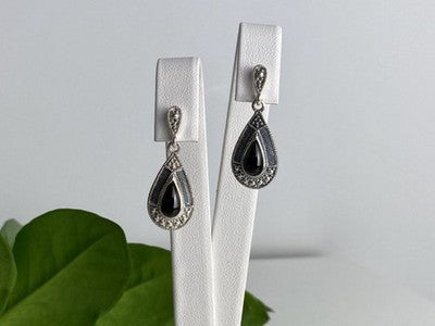 Vintage 925 Sterling Silver Onyx Stud Earrings