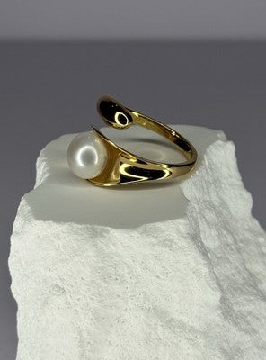 925 Sterling Silver Gold Plated Pearl Ring Size Adjustable