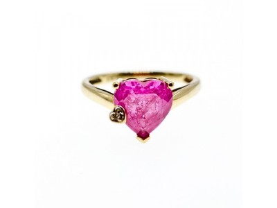 10K Yellow Gold Pink Topaz & Diamond Heart Ring Size 8