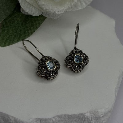 Vintage Filigree 925 Sterling Silver Blue Topaz Dangle Earrings
