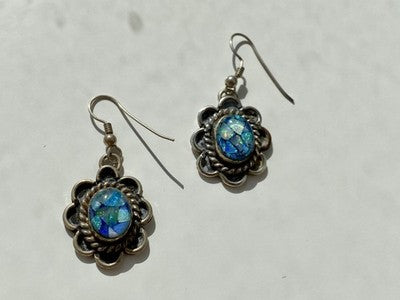 Vintage 925 Sterling Silver Mosaic Opal Earrings