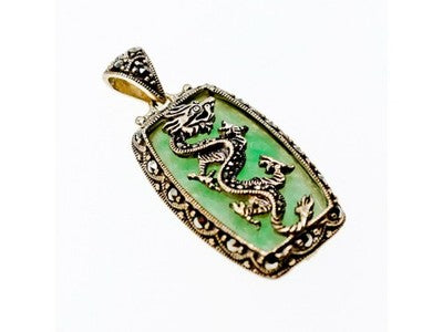 925 Sterling Silver Nephrite & Marcasites Dragon Pendant