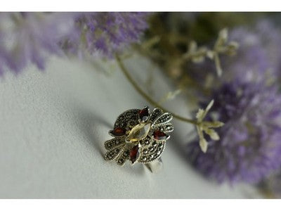 925 Sterling Silver Heliodor, Almandine & Marcasites Ring Size 8