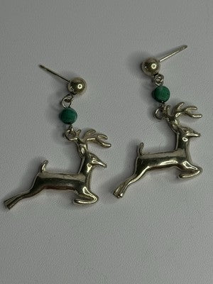 925 Sterling Silver Malachite Deer Earrings Length 1.40 Inch