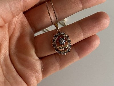925 Sterling Silver Gold Plated Sapphires "Flower" Chain With Pendant Italy