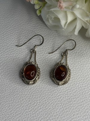 Vintage 925 Sterling Silver Amber Earrings Length 1.40 Inch