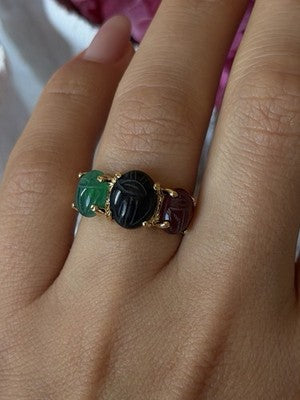 925 Sterling Silver Gold Plated Carved Carnelian Onyx Jade Ring Size 7
