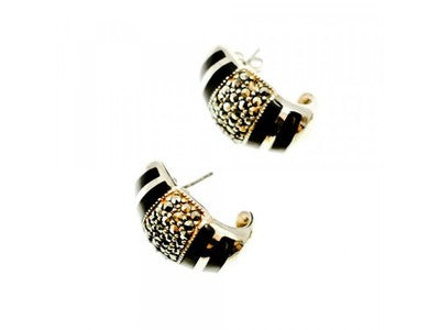 925 Sterling Silver Black Nephrite & Marcasites Earrings
