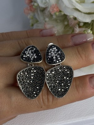 Aesthetic 925 Sterling Silver Marcasite & CZ Earrings Length 1.45 Inch