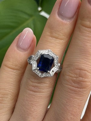 925 Sterling Silver Sapphire & Beryl Ring Size 5.5