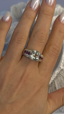 925 Sterling Silver Cushion-Cut Aquamarine & Pink Tourmaline Ring Size 9