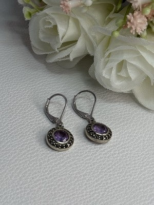 925 Sterling Silver Amethyst & Marcasite Earrings Length 1.12 Inch