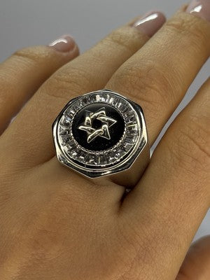925 Sterling Silver Star of David Onyx & CZ Ring Size 9.5
