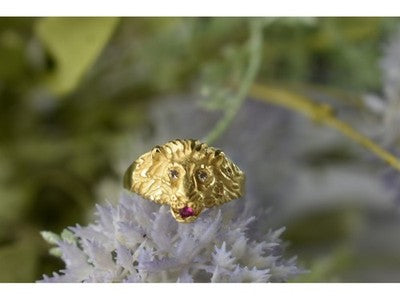 14K Yellow Gold Ruby & Quartz "Lion" Ring Size 8.5