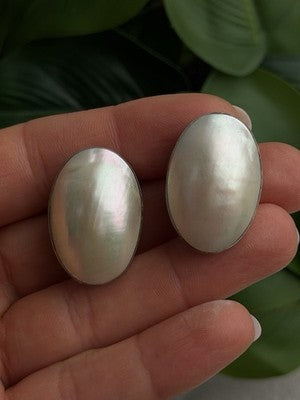 Vintage Clip-On 925 Sterling White Mother of Pearl Abalone Silver Earrings