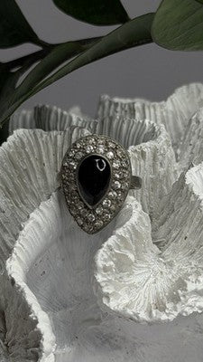 Vintage 925 Sterling Silver Black Onyx & Clear Topaz Stones Ring Size 7.5