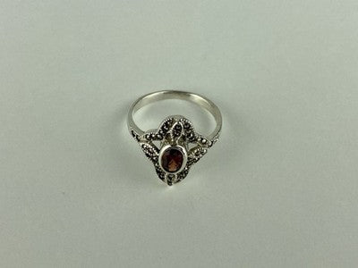 925 Sterling Silver Almandine & Marcasites Ring Size 7