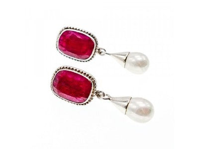 Vintage 925 Sterling Silver Ruby & Pearls Stud Earrings