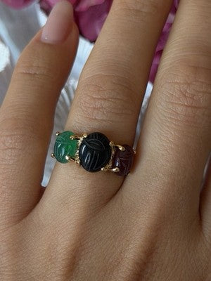 925 Sterling Silver Gold Plated Carved Carnelian Onyx Jade Ring Size 7